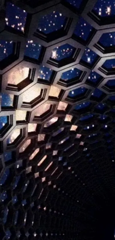 Futuristic hexagonal tunnel with starry galaxy backdrop, perfect for sci-fi fans.