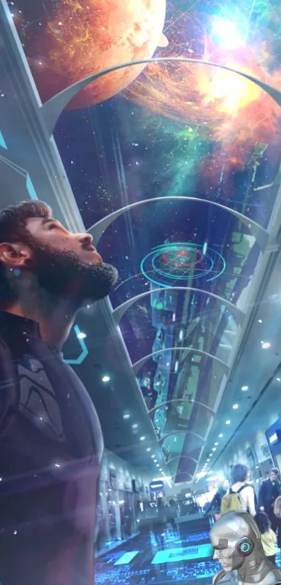 Futuristic wallpaper featuring a man looking at a galaxy with bright blue hues.