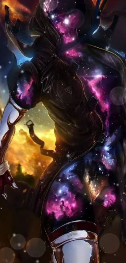 Futuristic warrior with cosmic galaxy theme background.