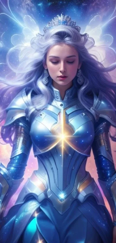 Futuristic galaxy warrior with cosmic armor and ethereal beauty.