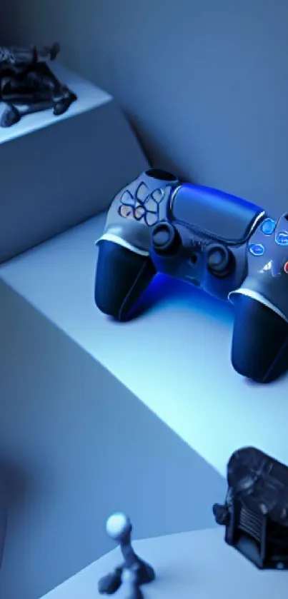 Futuristic game controller in blue themed mobile wallpaper.