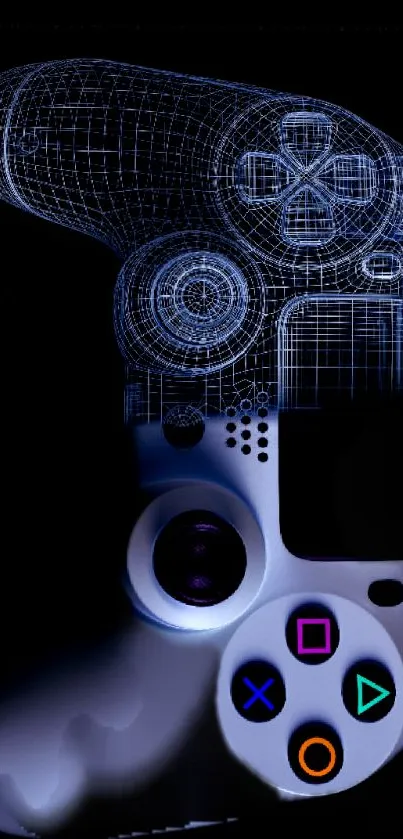 Futuristic artwork of a game controller with digital mesh design.