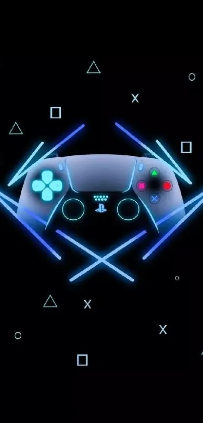 Futuristic neon game controller with geometric shapes.