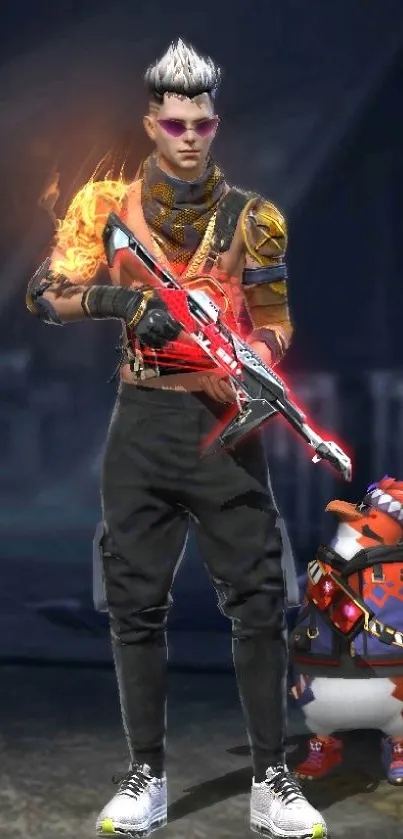 Futuristic gamer with flaming gun and colorful penguin.