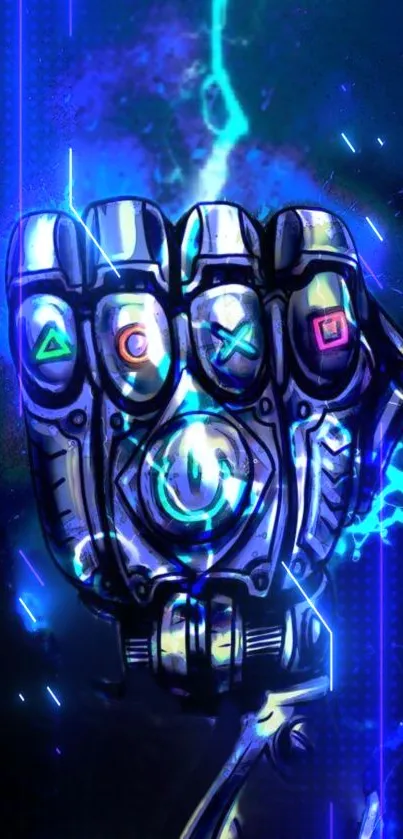 Futuristic gamer glove with neon effects.