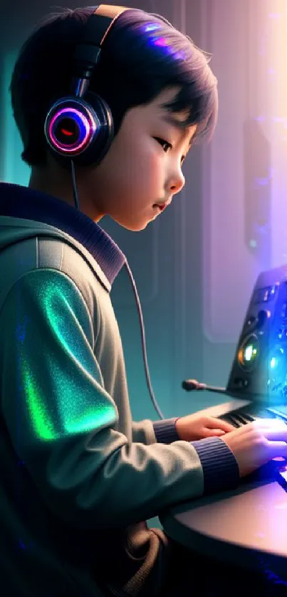 Young gamer immersed in neon-lit futuristic gaming setup.