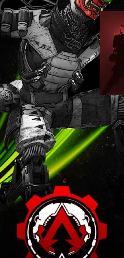 Futuristic gaming character with vibrant green and black background.