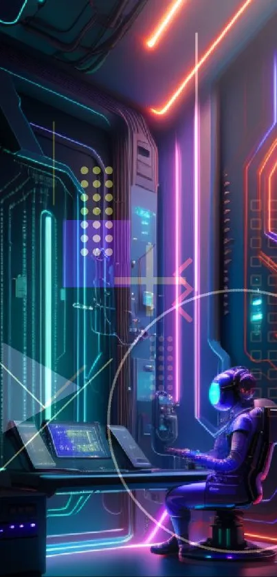 Futuristic gamer in a neon sci-fi room wallpaper.
