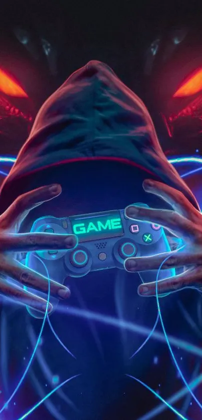 Futuristic gamer holding controller in neon glow.