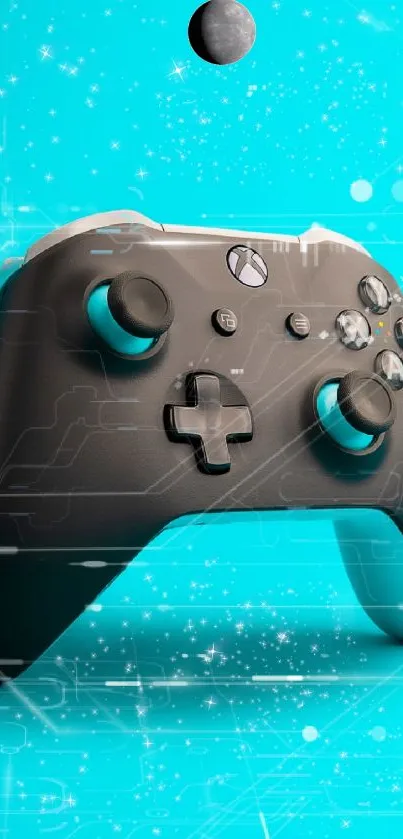 Futuristic gaming controller on neon turquoise background.