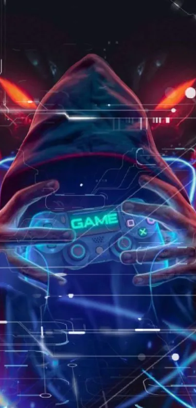 Hooded gamer with neon controller and futuristic effects.