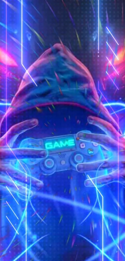 Neon gaming wallpaper with hooded figure and digital art elements.