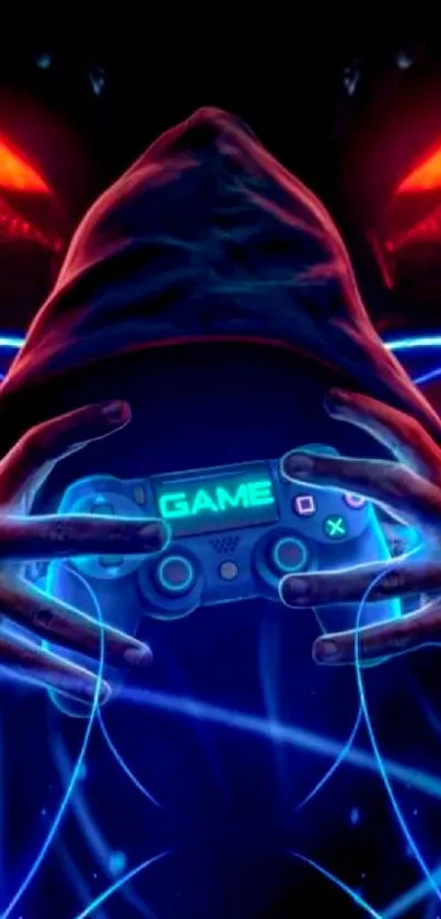 Futuristic gamer holding a neon-lit controller with vibrant energy lines.