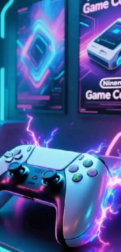 Futuristic gaming console with neon lights and vibrant effects.