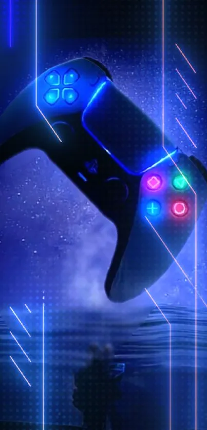 Futuristic neon gaming controller with blue hues.