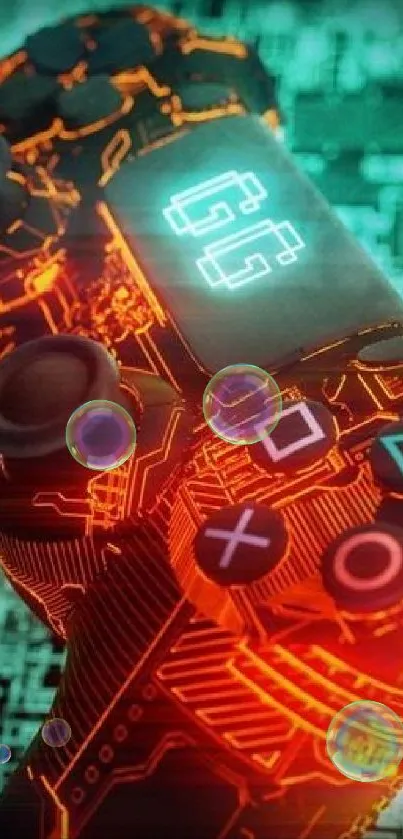 Futuristic gaming controller with neon lights and circuitry design on mobile wallpaper.