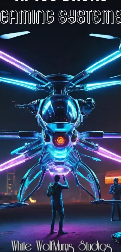 Futuristic drone with neon lights on dark background.