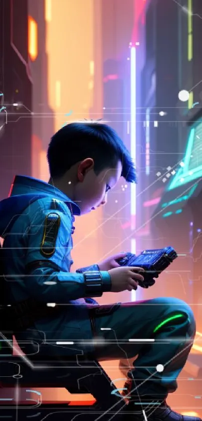 Young gamer in a neon-lit futuristic city, deeply engrossed in a virtual experience.