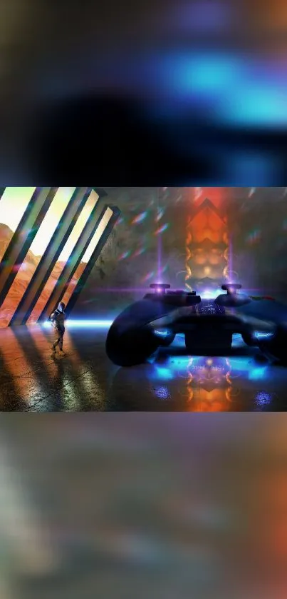 Futuristic gaming landscape with controller and neon lights.