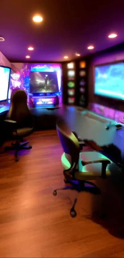 Futuristic gaming room with neon lights and multiple screens.