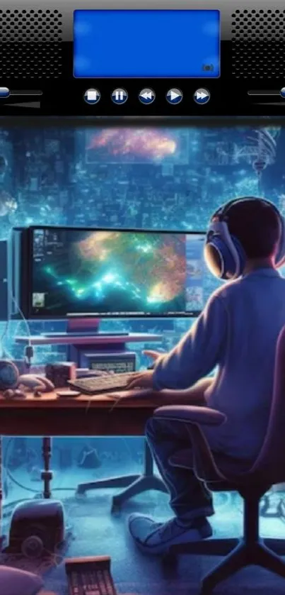 Futuristic gamer immersed in digital world.