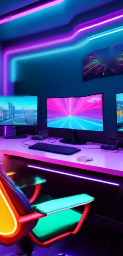 Vibrant neon gaming setup with multiple screens in a futuristic room.