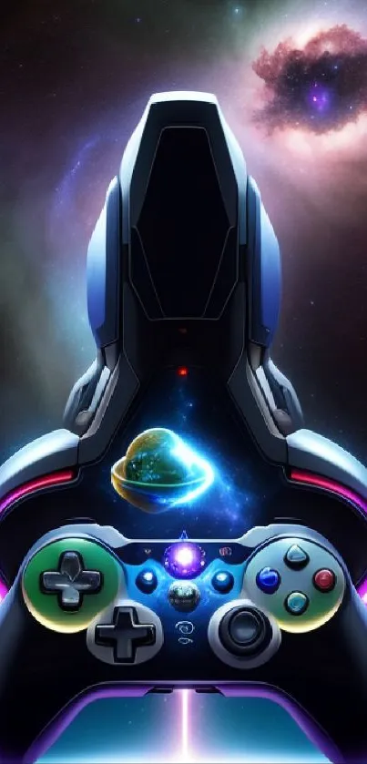 Futuristic space wallpaper with gaming controller and nebula.