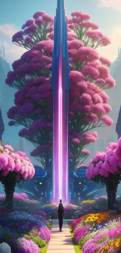 Futuristic cityscape with vibrant floral garden and central tower.