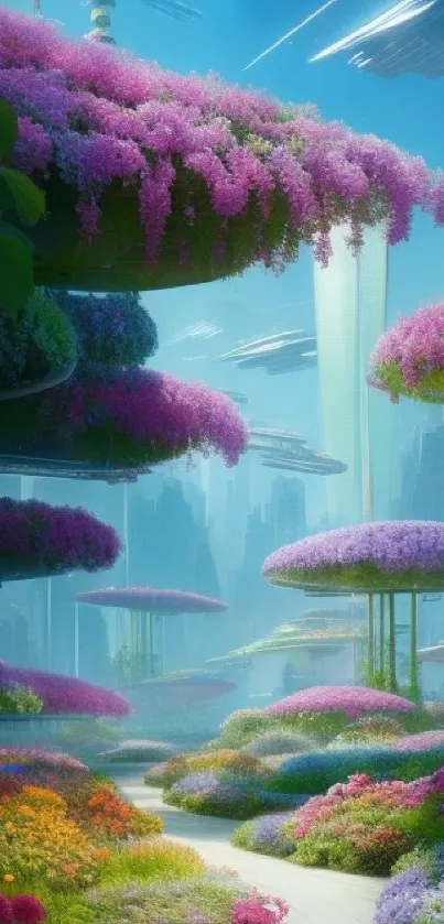 Futuristic garden wallpaper with vibrant flowers and modern cityscape.