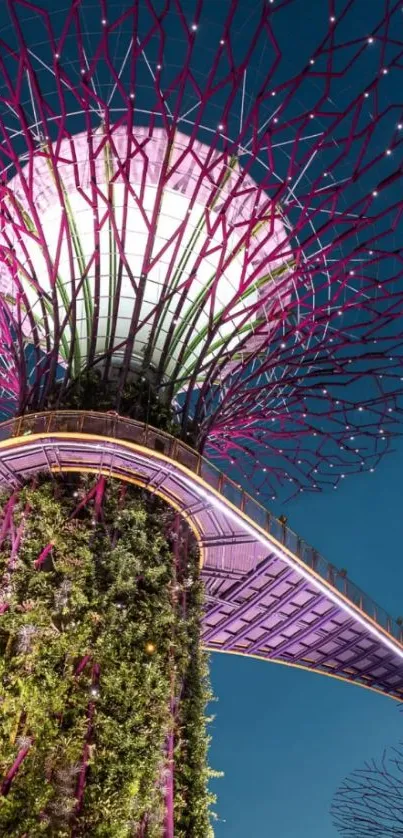 Futuristic Gardens by the Bay at night with vibrant colors.