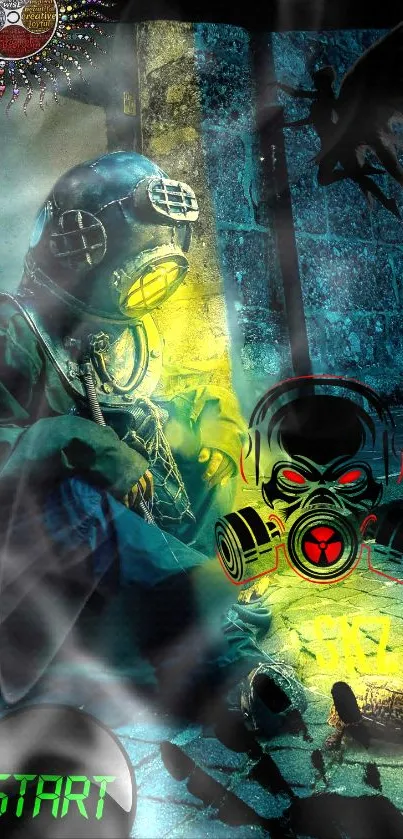 Futuristic gas mask artwork with neon cyan glow.