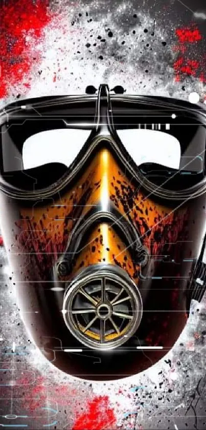 Futuristic gas mask with red and black splashes on a mobile wallpaper.