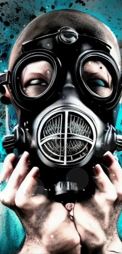 Person wearing a futuristic gas mask against a teal background.