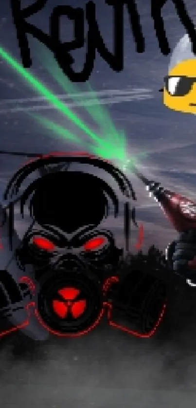 Futuristic figure with gas mask under moonlit sky wallpaper.