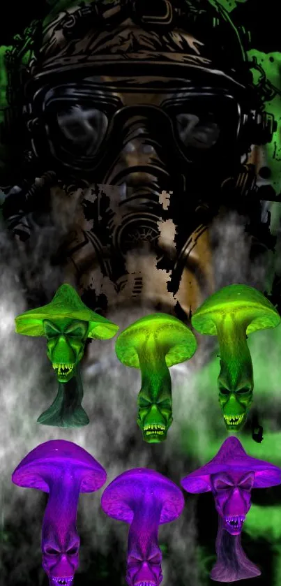 A gas mask figure with neon mushrooms in a dark, surreal setting.