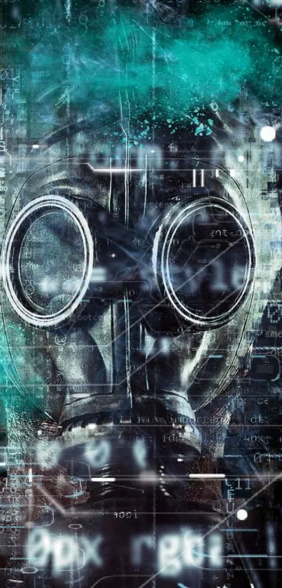 Futuristic gas mask with digital and cyber elements in teal and dark tones.