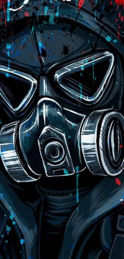 Futuristic artistic gas mask design with vibrant colors and dark tones.