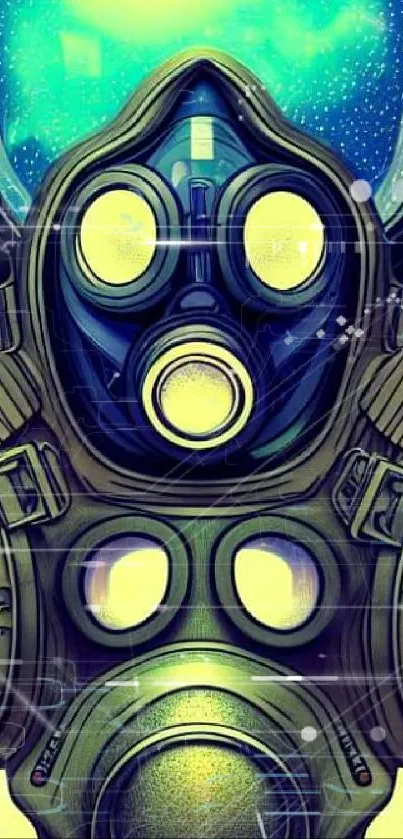 Futuristic gas mask artwork with vibrant yellow background.