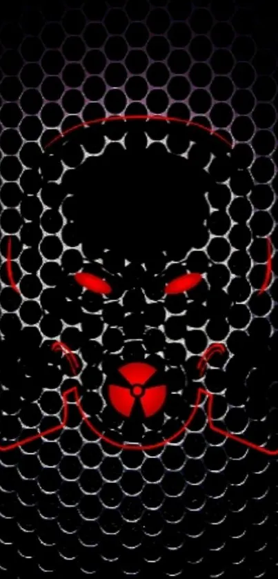 Futuristic gas mask with red eyes on hexagonal black background.