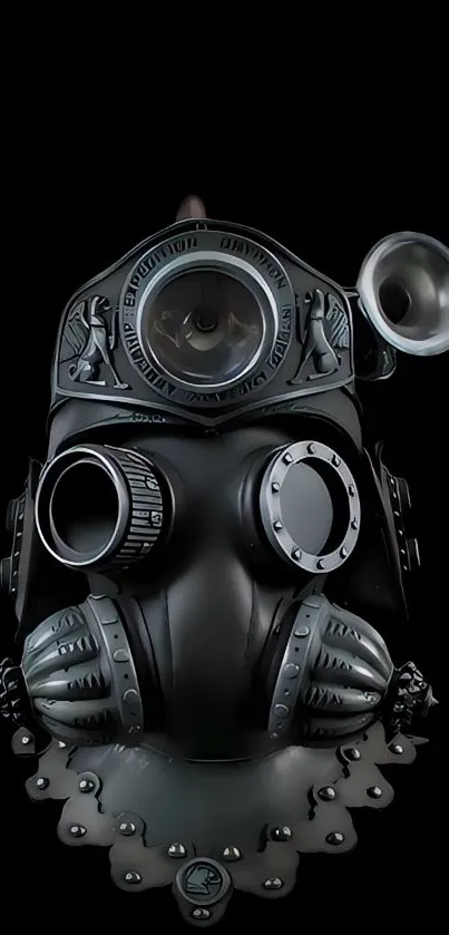 Futuristic black gas mask wallpaper design against a sleek dark background.