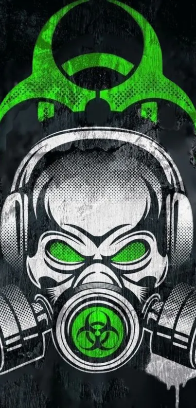 Futuristic gas mask skull with neon green accents on a dark background.