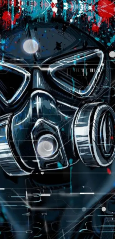 Futuristic gas mask wallpaper design with vibrant colors and abstract style.