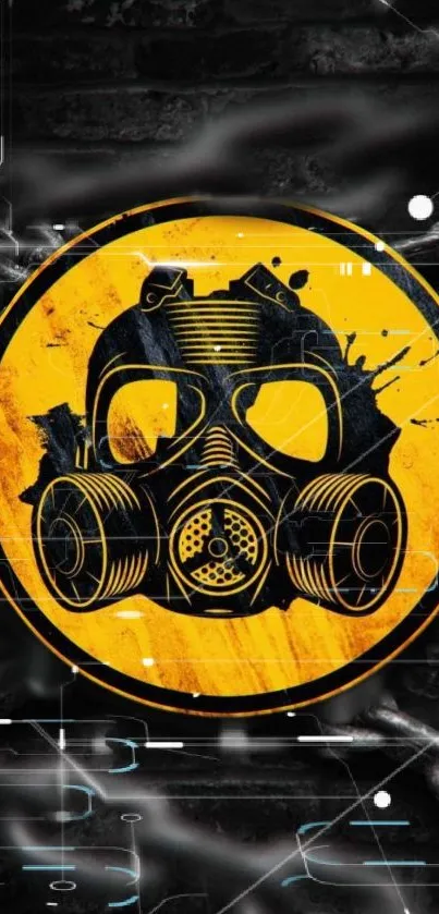 Futuristic gas mask in yellow circle on dark background for mobile wallpaper.