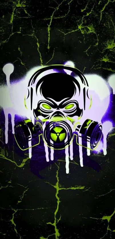 Futuristic gas mask on dark neon wallpaper