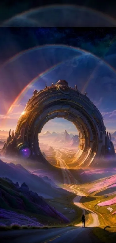 Futuristic gateway under vibrant sunset sci-fi landscape.