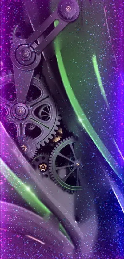 Abstract neon wallpaper with purple gears and vibrant colors.