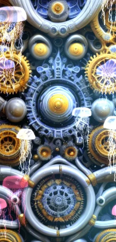 Futuristic gears mixed with jellyfish art in a steampunk style wallpaper.