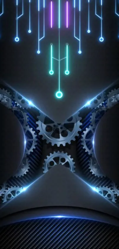 Futuristic phone wallpaper with glowing gears and digital circuits on a dark background.