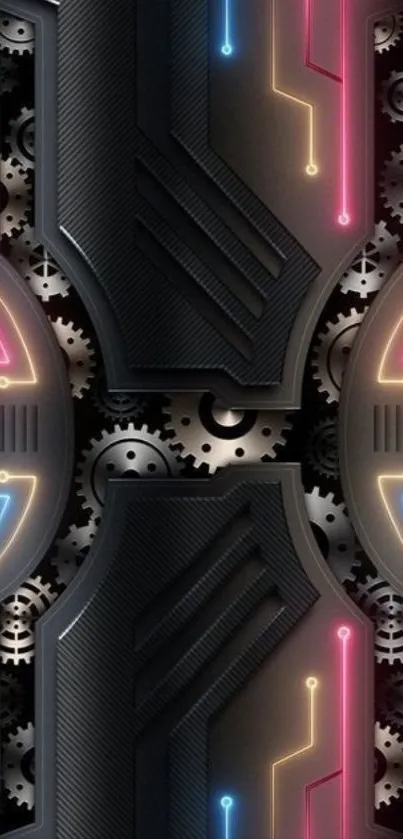 Futuristic wallpaper with gears, circuits, and neon lights.