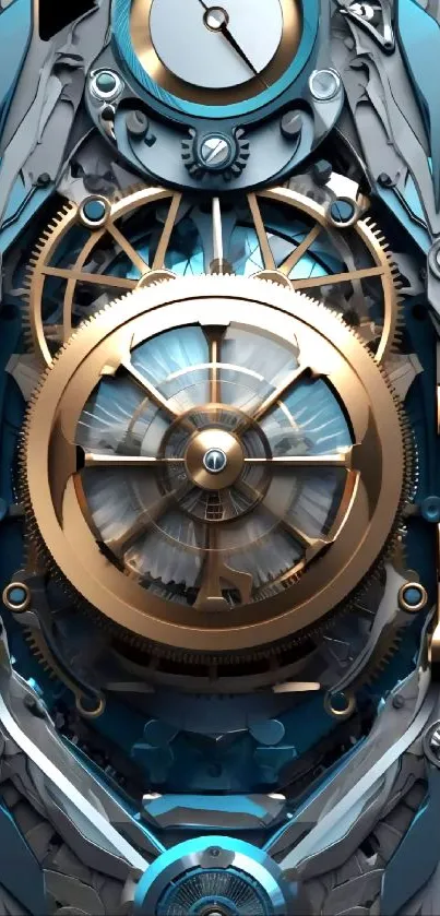 Intricate gear and clock design with blue accents on a mobile wallpaper background.